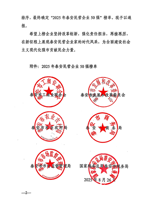 一滕集团荣登2025年泰安民营企业50强榜单第3名